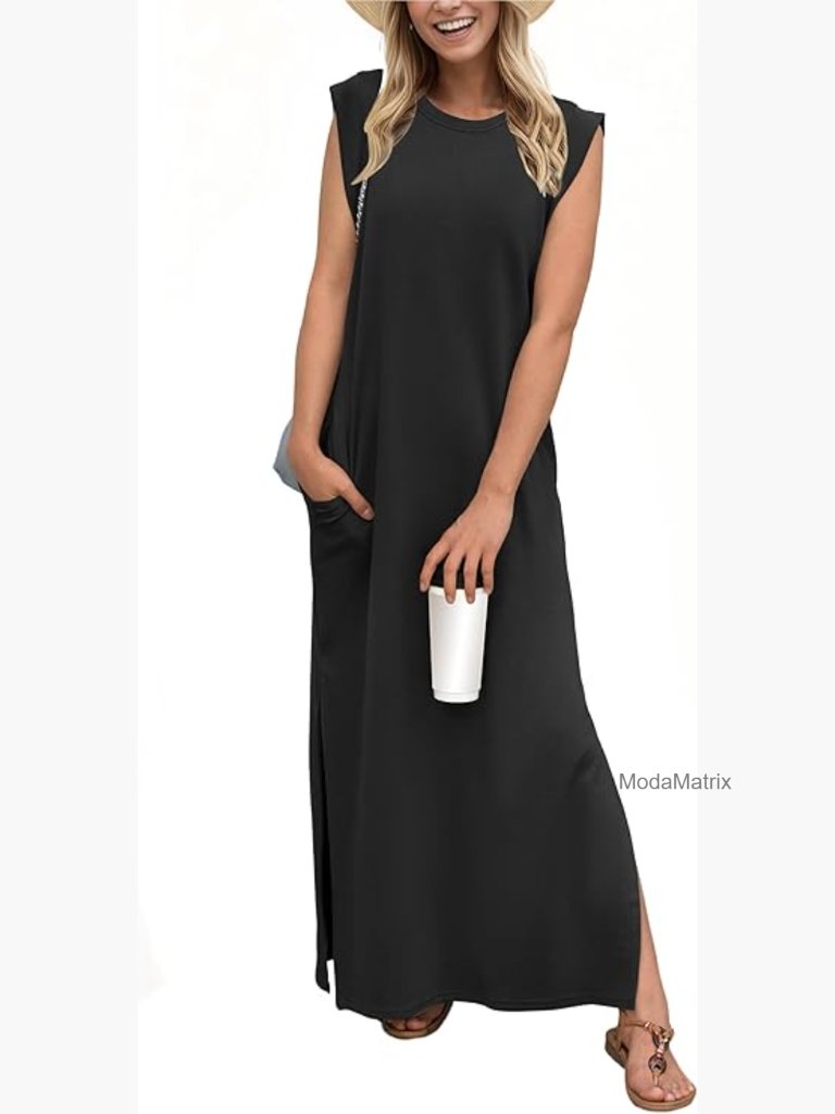 Casual Loose Split Maxi Dress With Pockets, Wrinkle-Free, Sleeveless